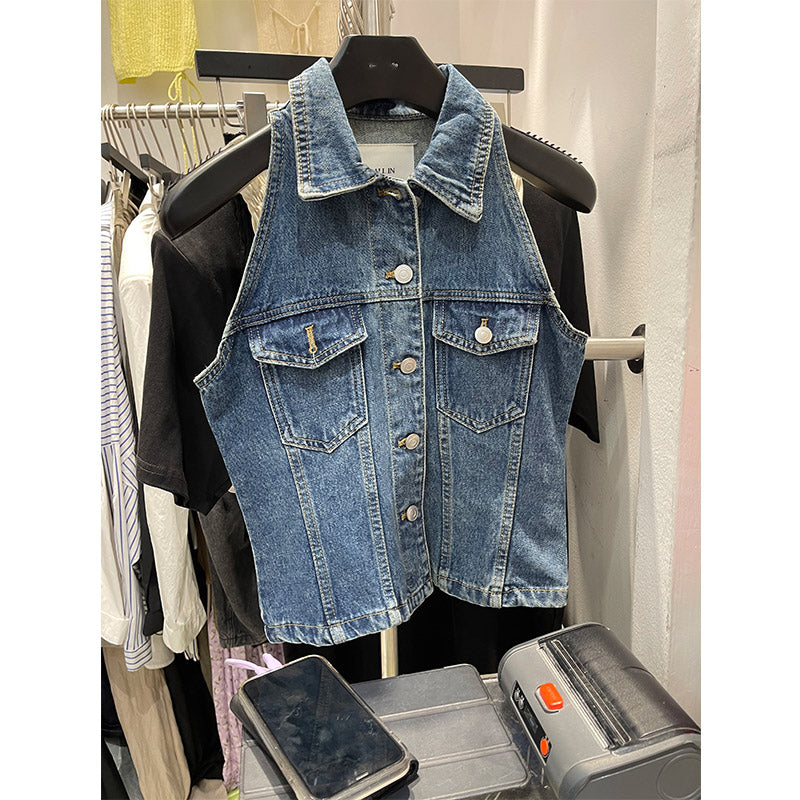 Lapel Buttoned Halter Sleeveless Denim Vest