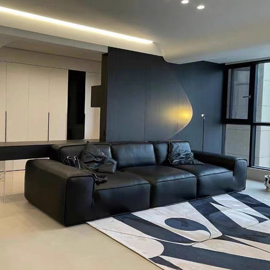Large black cow leather sofa Italian minimalist villa living room light luxury black straight leather sofa