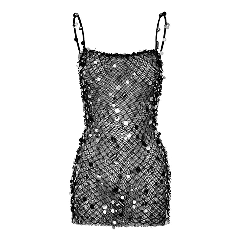 Black sequined suspender dress short