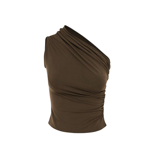 Off-shoulder pleated vest with a unique asymmetrical design