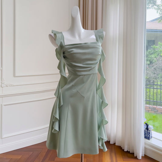 Mint Green Square Neck Ribbon Slim Fit Satin Dress