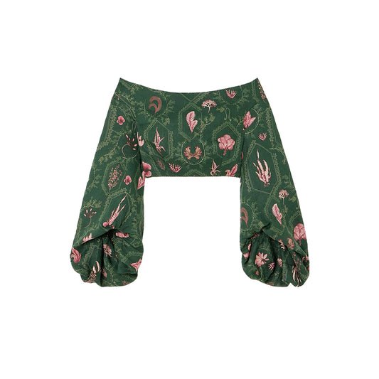 Short green floral one-shoulder top