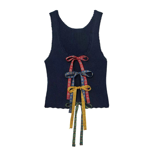 Knitted Camisole Short Style Spliced Bowknot Design