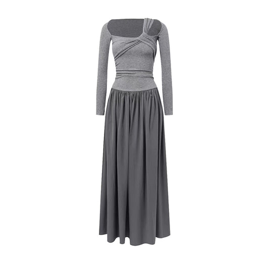 Grey off-shoulder dress with asymmetrical design