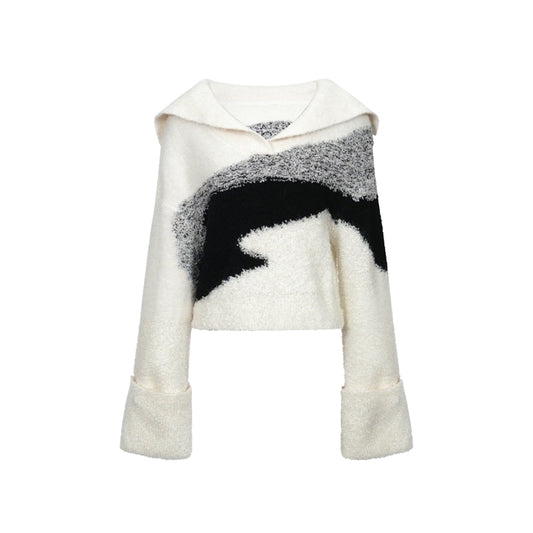 Large lapel contrast color knitted sweater design niche