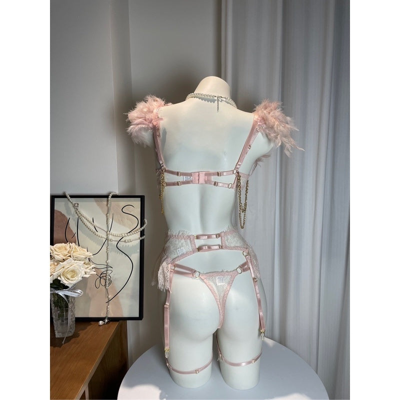Sexy ultra-thin lace, detachable feather shoulder straps, metal chain decorated six-piece bra set