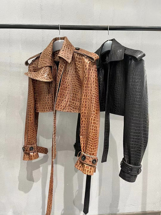 Crocodile print sheepskin leather biker jacket
