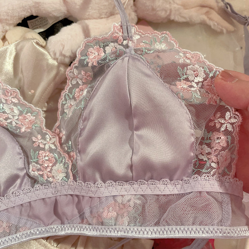 Purple embroidered light luxury silk sexy pure lust lace bra set
