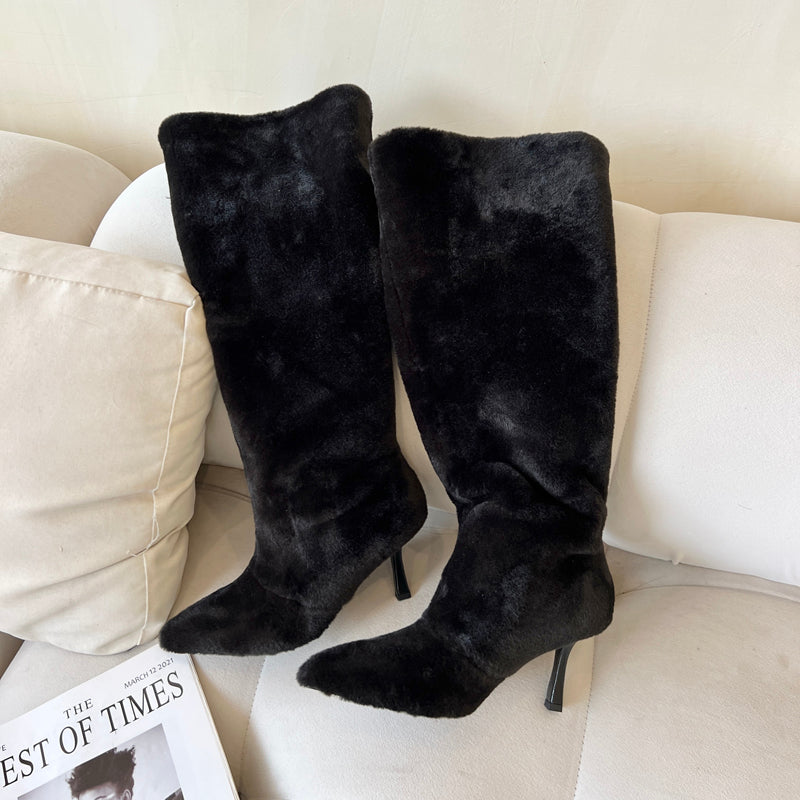 New autumn and winter beige fur boots high heel snow boots