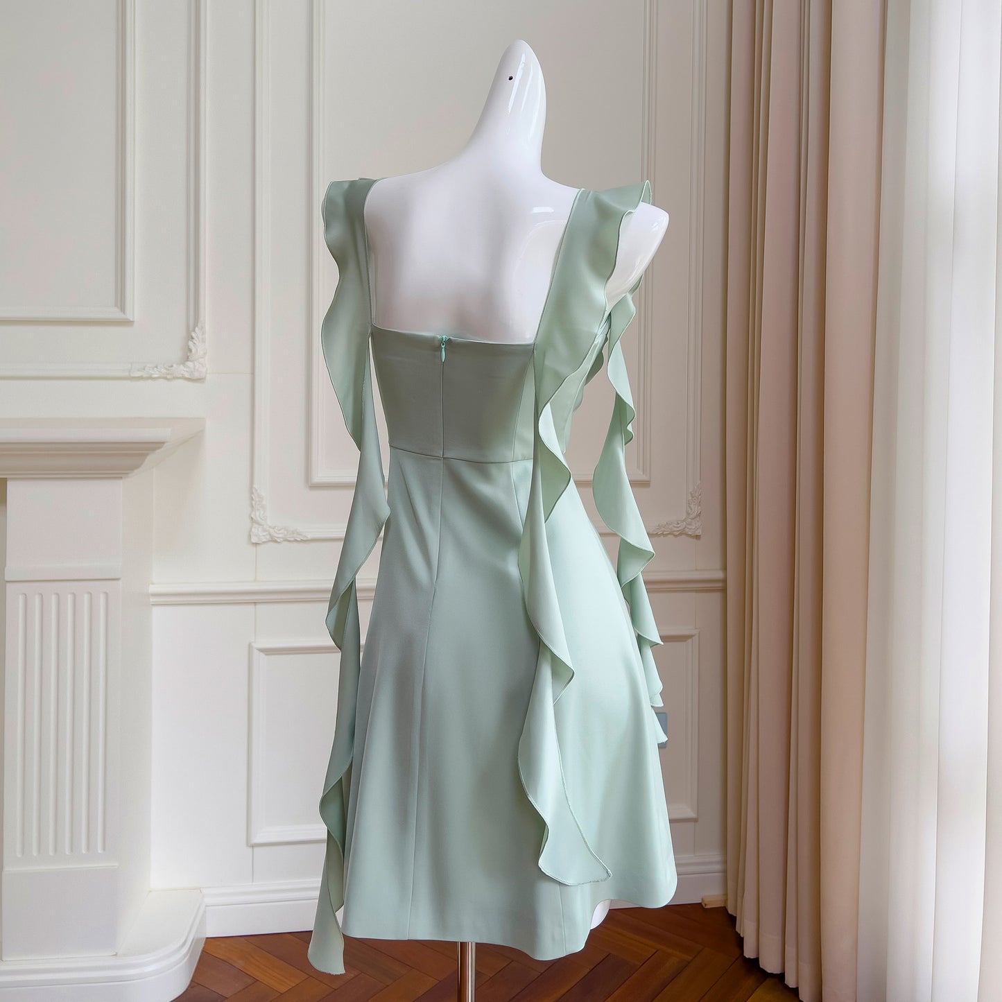 Mint Green Square Neck Ribbon Slim Fit Satin Dress
