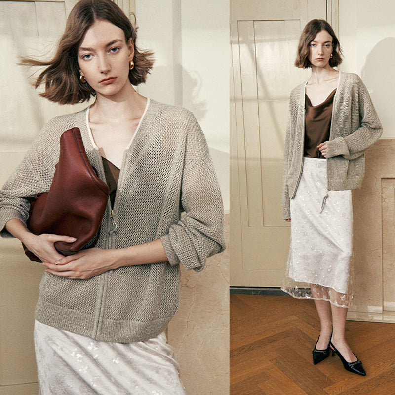 "Diamond Sequins" gold linen cashmere knitted cardigan/vest/suit