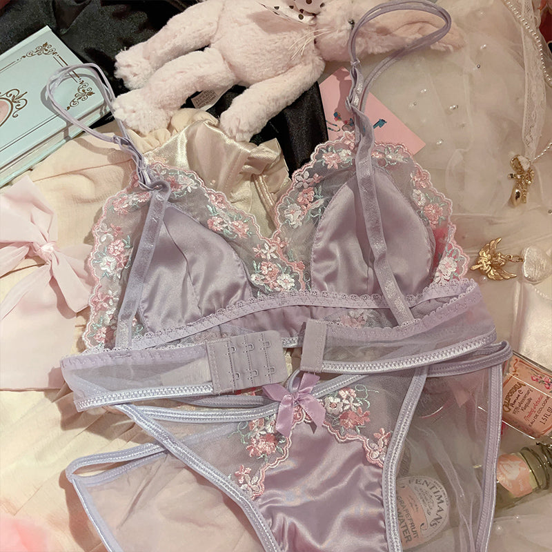 Purple embroidered light luxury silk sexy pure lust lace bra set