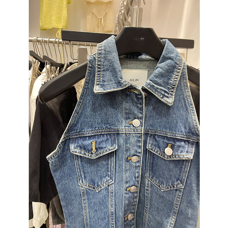 Lapel Buttoned Halter Sleeveless Denim Vest