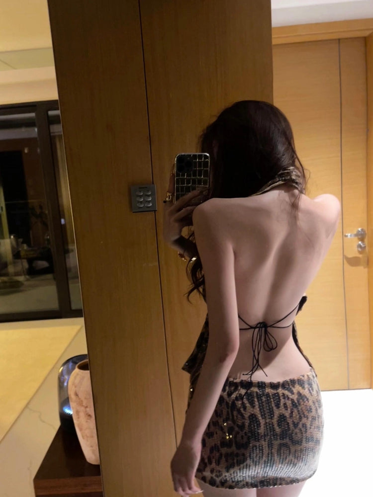 Leopard print halterneck hip skirt two piece set