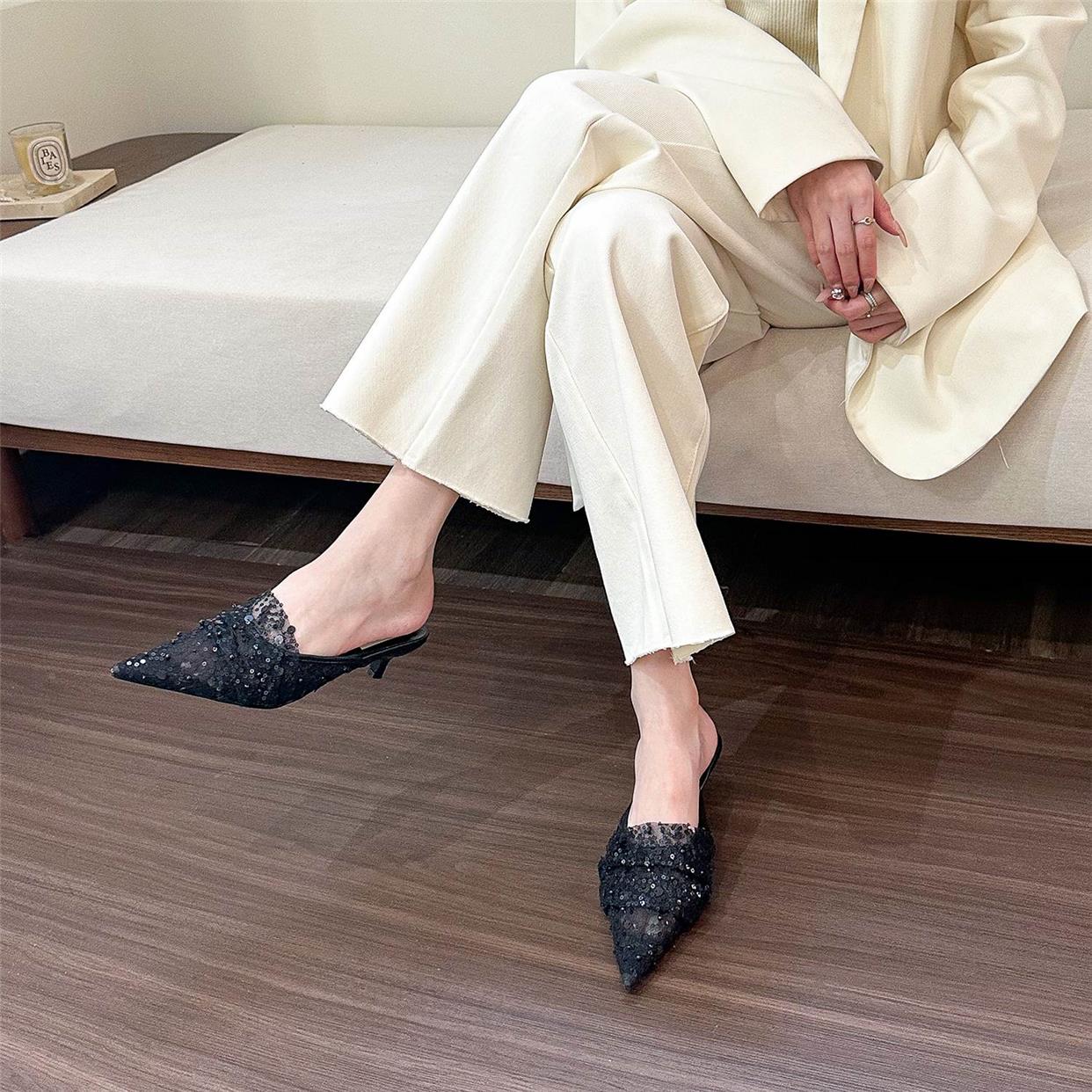 Mesh half slippers sequin pointed toe shoes