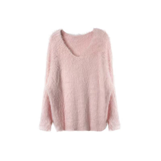 V-neck mink velvet sweater lazy loose pullover top