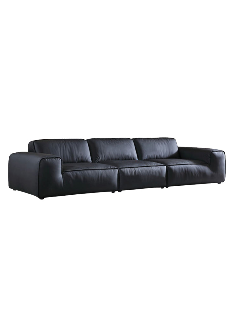 Large black cow leather sofa Italian minimalist villa living room light luxury black straight leather sofa