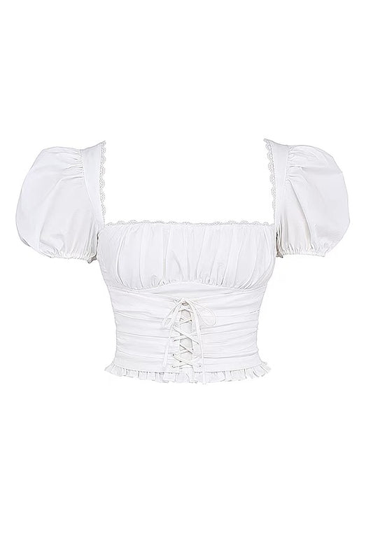 Square neck, puff sleeves, navel-baring waist, backless short sleeves