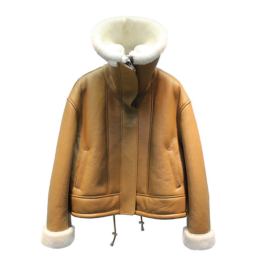 Lmported sheepskin one-piece large lapel motorcycle jacket lambswool coat