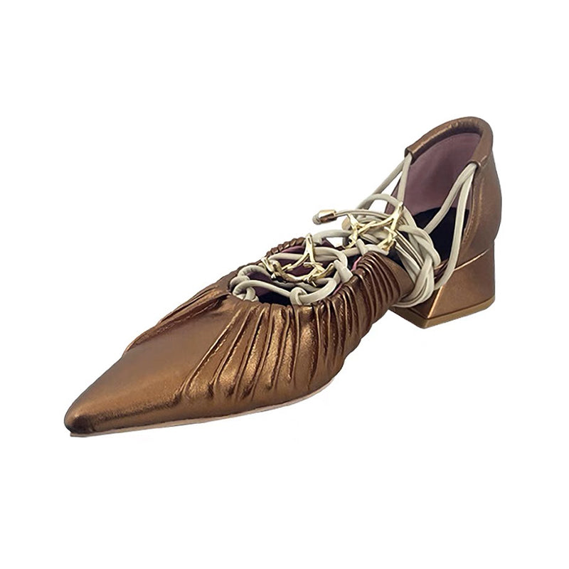 Pointed toe cross-strap silver pleated block heel vintage Mary Jane