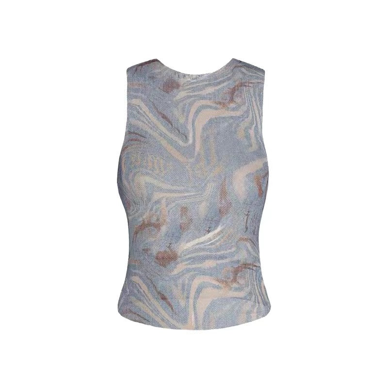 Hot Girl Pure Desire Blue Marble Stripe Print Top