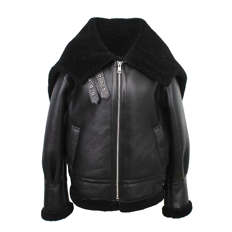 Lmported sheepskin one-piece Korean style hooded flight suit jacket