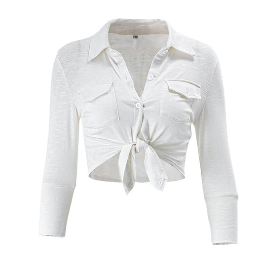 Pure lust style Polo collar navel-baring white shirt