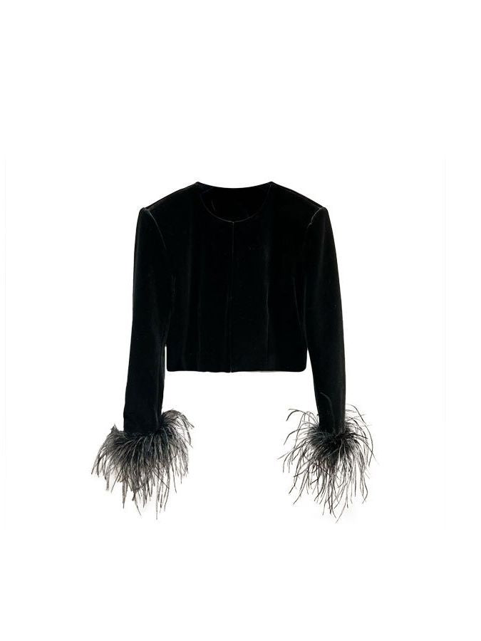Round neck long sleeve velvet top with ostrich feather trim