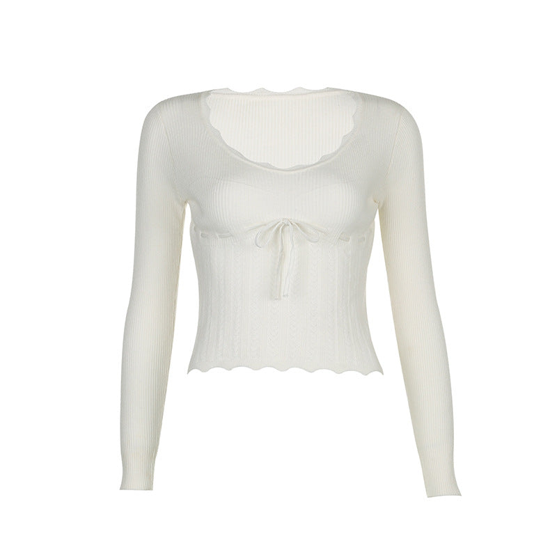 French girly bow tie crochet knit top