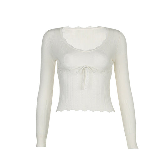 French girly bow tie crochet knit top