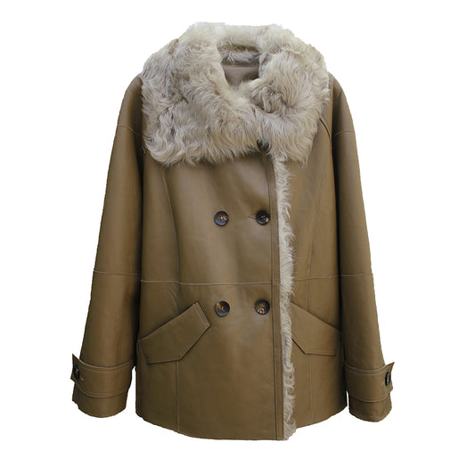 Soft small lake sheep fur all-in-one elegant stand-collar double-breasted British style jacket