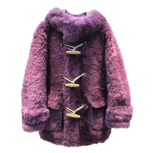 Lcelandic imported sheepskin one-piece hooded horn buckle fur jacket