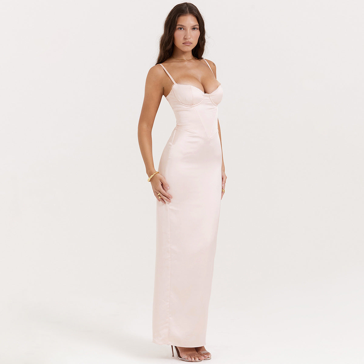 Pink suspender long skirt, sexy slim fit and elegant evening dress with slits