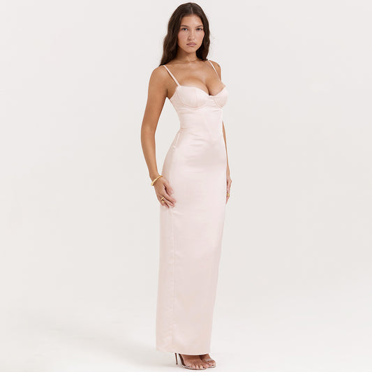 Pink suspender long skirt, sexy slim fit and elegant evening dress with slits