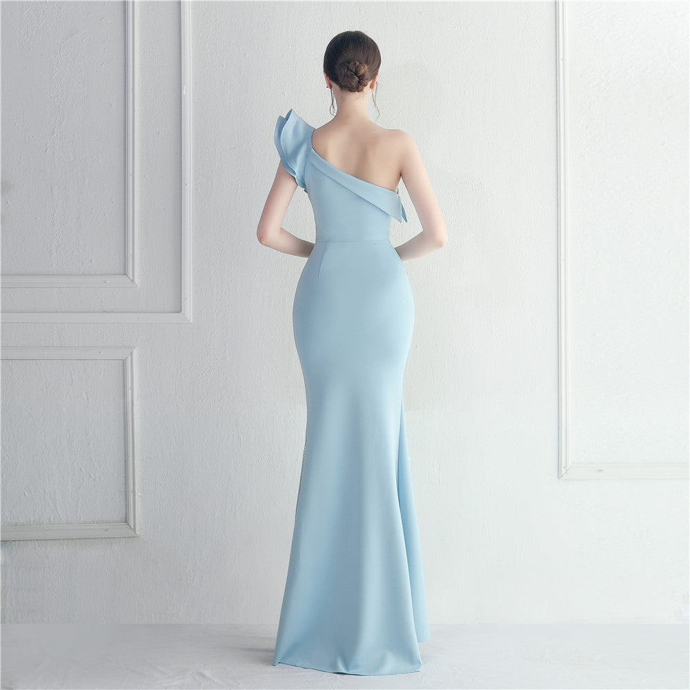 One-shoulder slope-neck ruffled dress