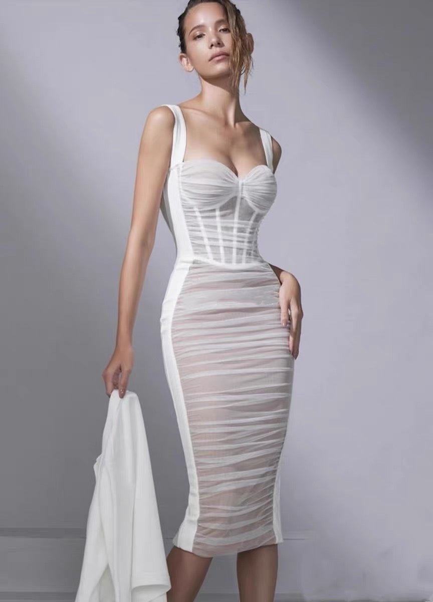 FISHBONE CORSET PLEATED DRESS WITH SUSPENDER BELT ANNUAL MEETING DINNER DRESS