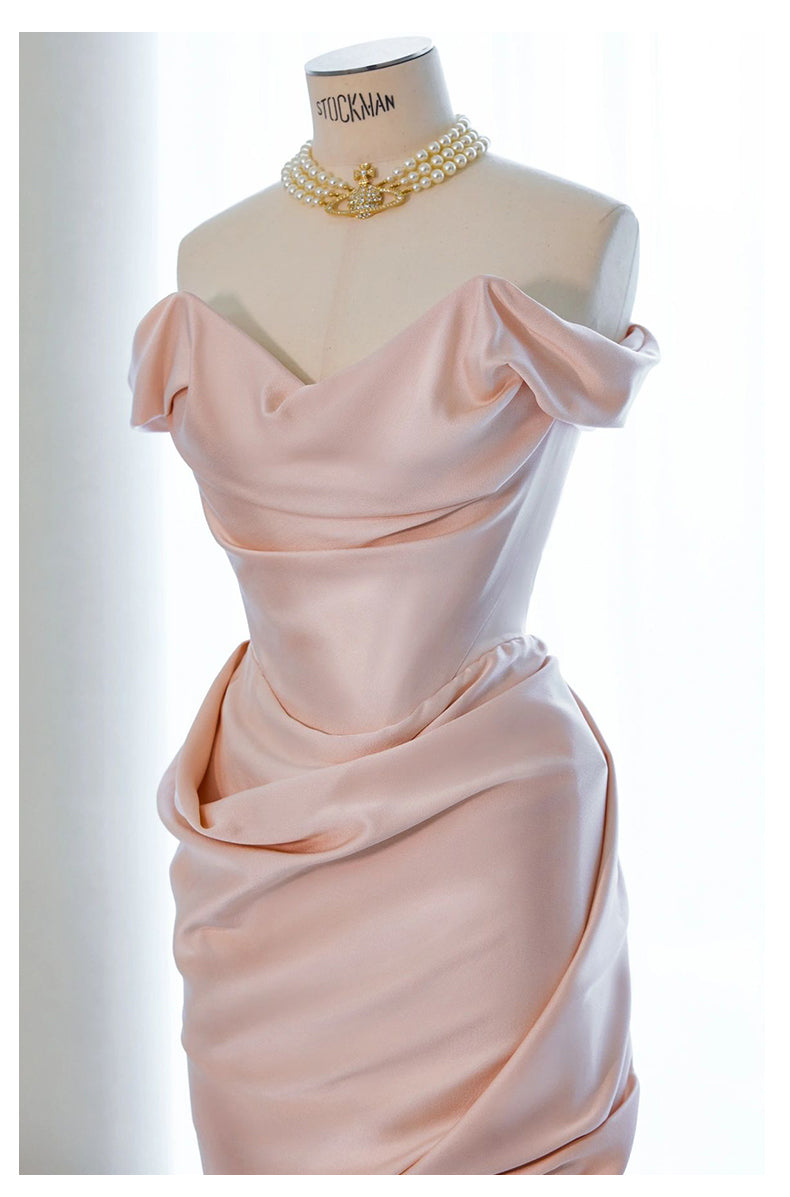 One shoulder French pink evening dress