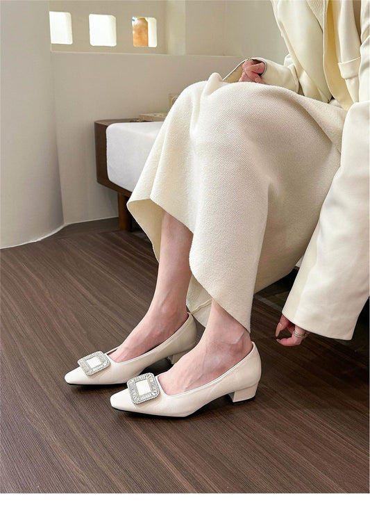 Square toe rhinestone shallow heel shoes