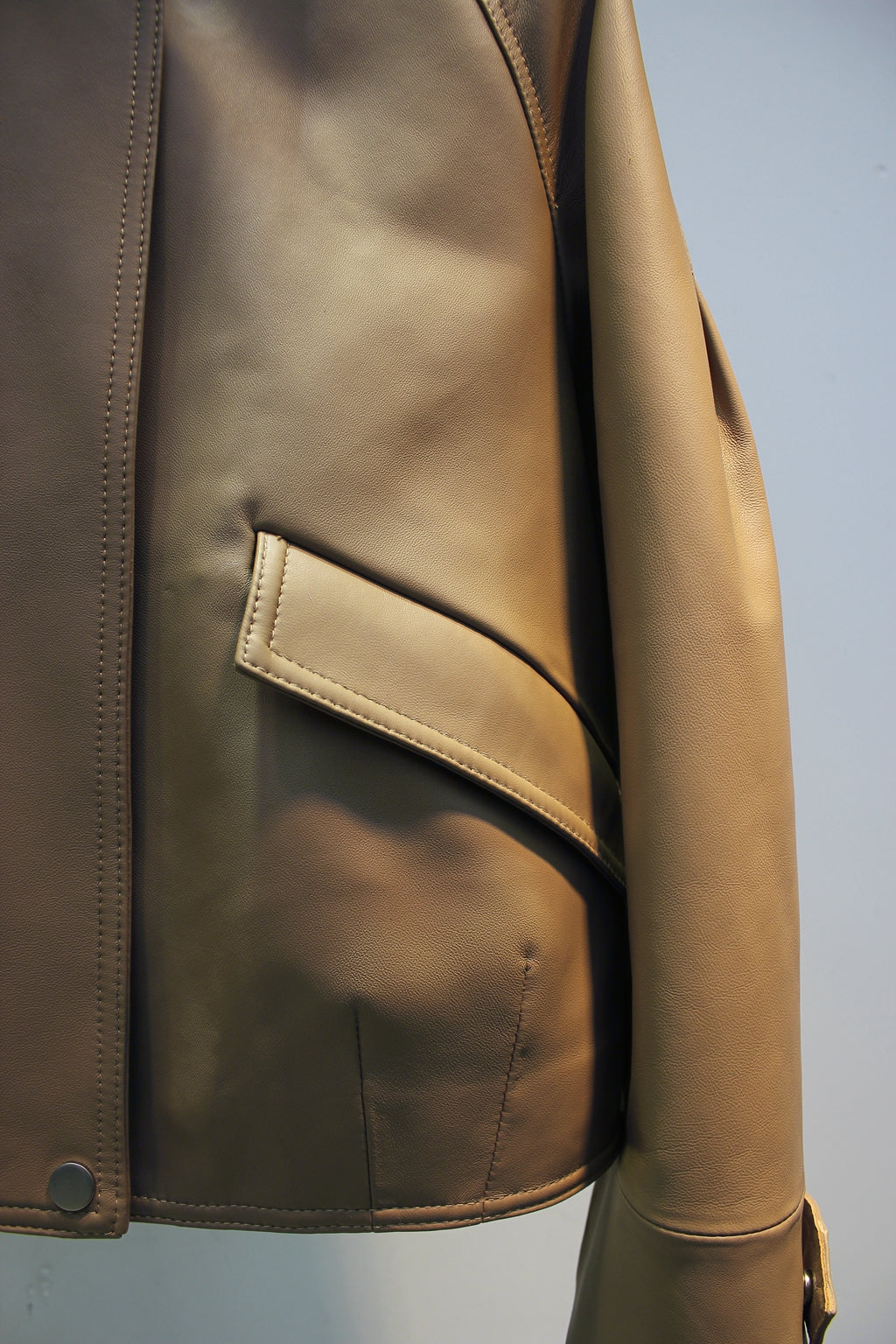 Sheepskin leather jacket with stand collar