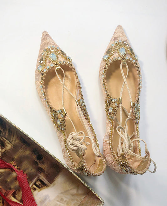 Lace strap flat pointed toe shoes