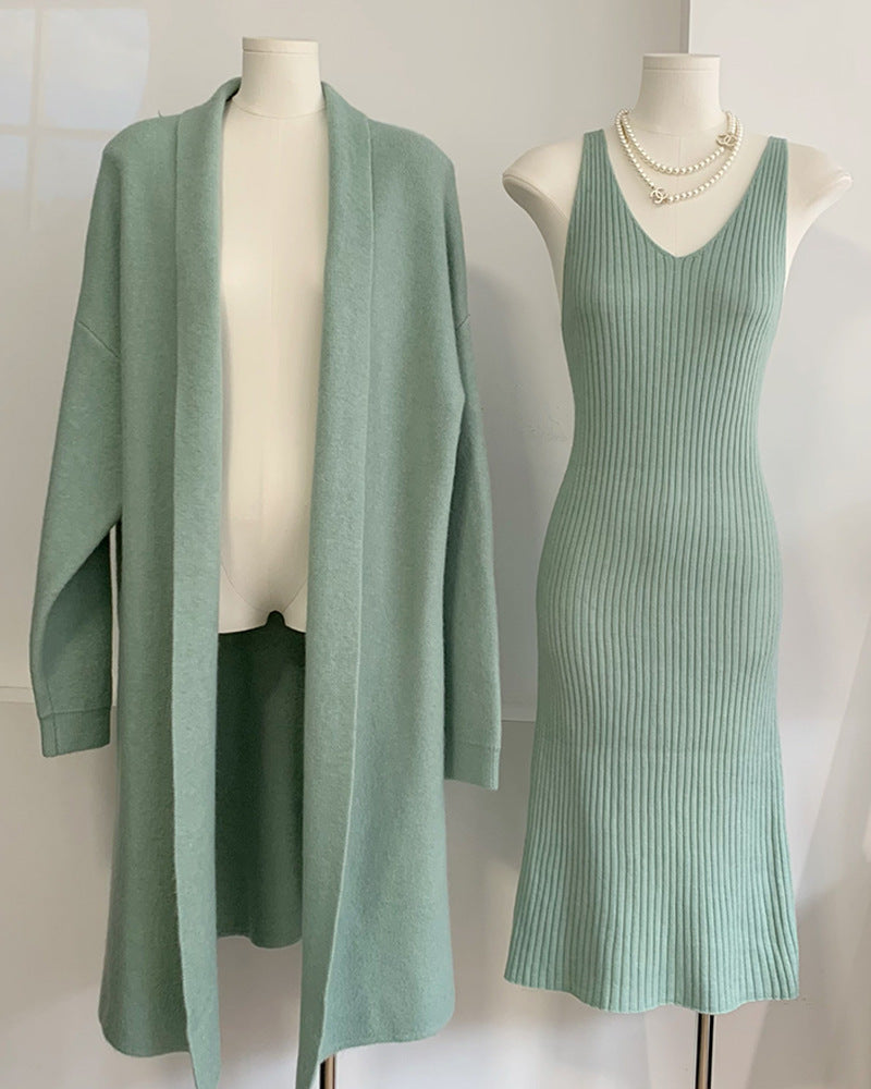Knitted vest dress + long cardigan coat