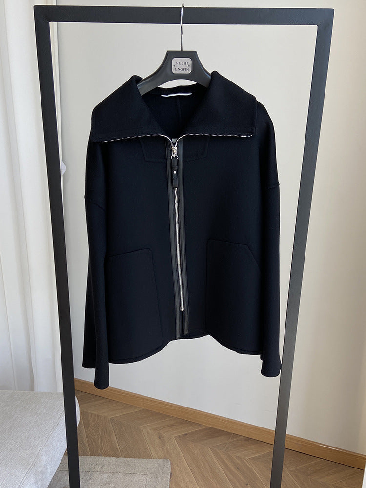 Double-faced cashmere short zip-up coat