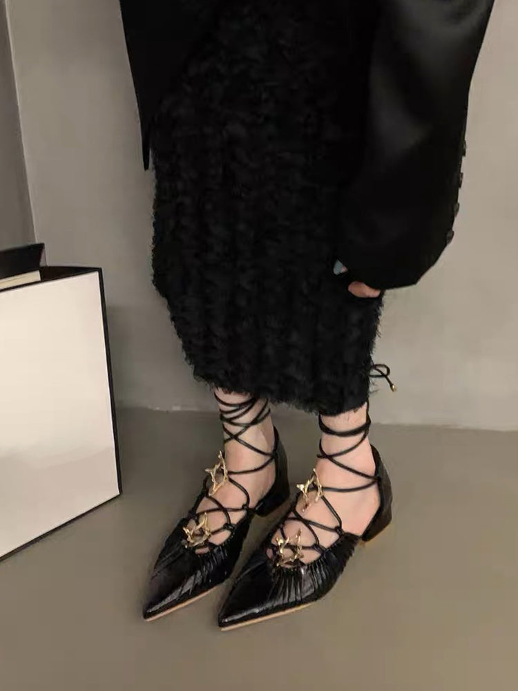 Pointed toe cross-strap silver pleated block heel vintage Mary Jane