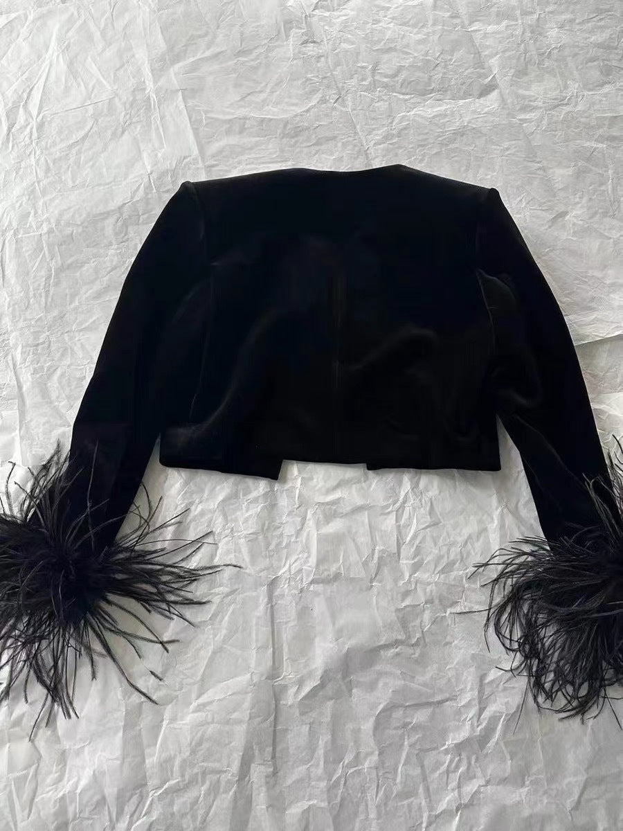 Round neck long sleeve velvet top with ostrich feather trim