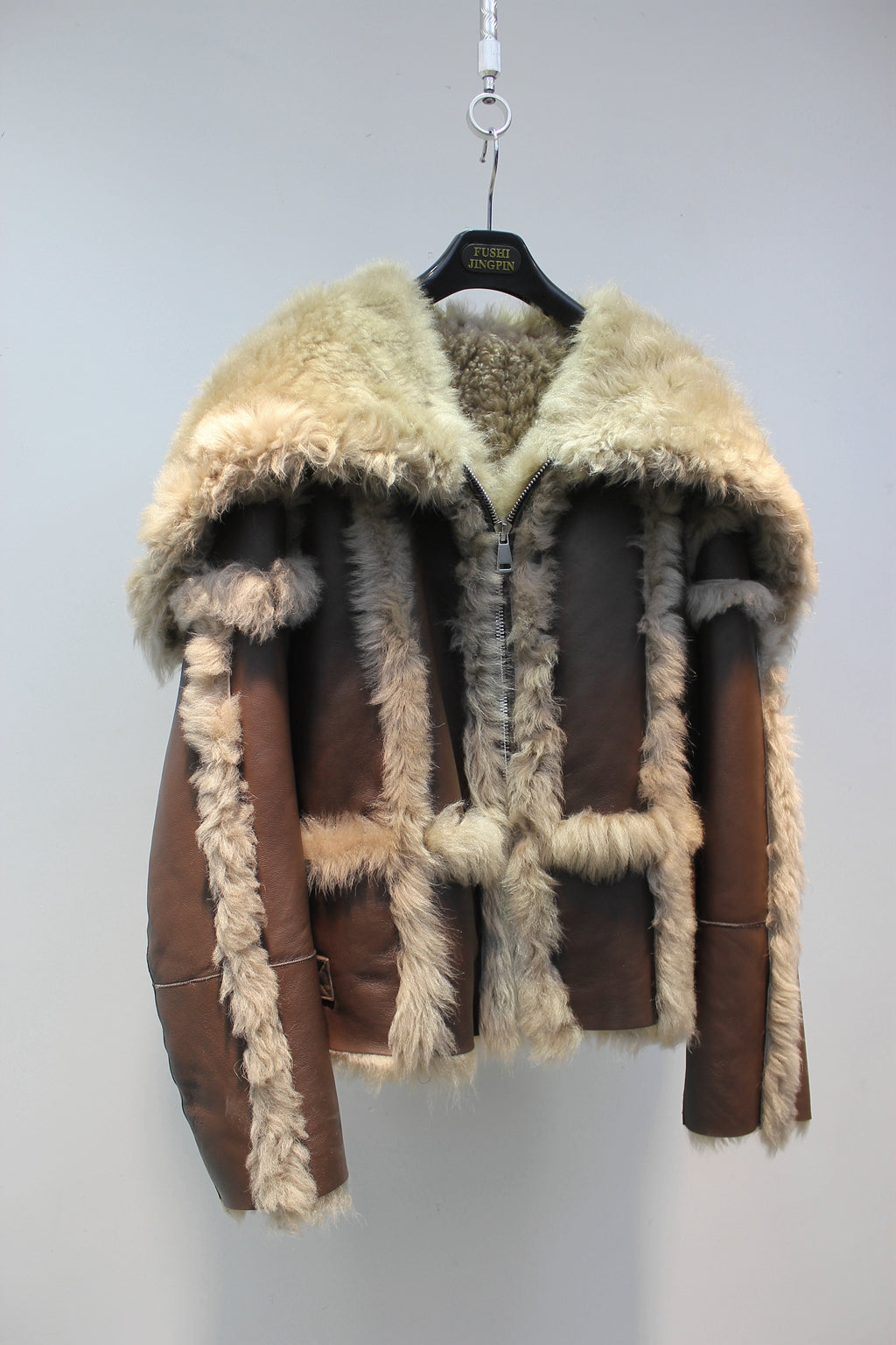 Tuscan sheepskin one-piece navy collar biker short fur coat