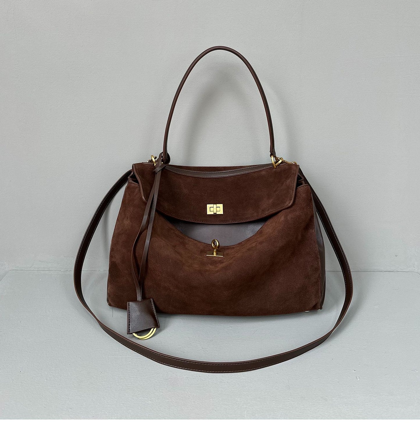 Suede stitching layered leather Kelly bag