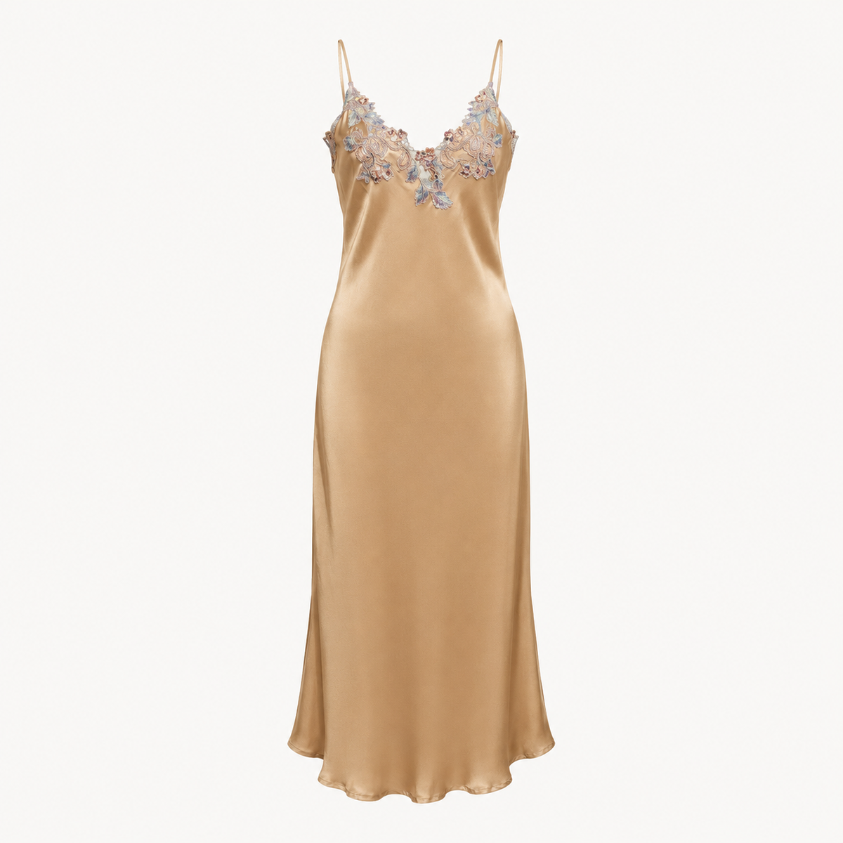 Camellia Embroidered Slip Nightdress - Golden Beige