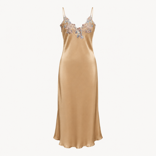Camellia Embroidered Slip Nightdress - Golden Beige