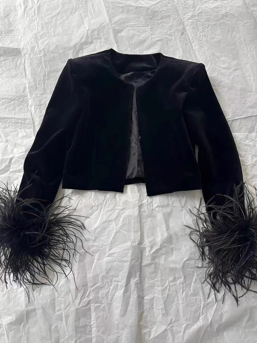 Round neck long sleeve velvet top with ostrich feather trim