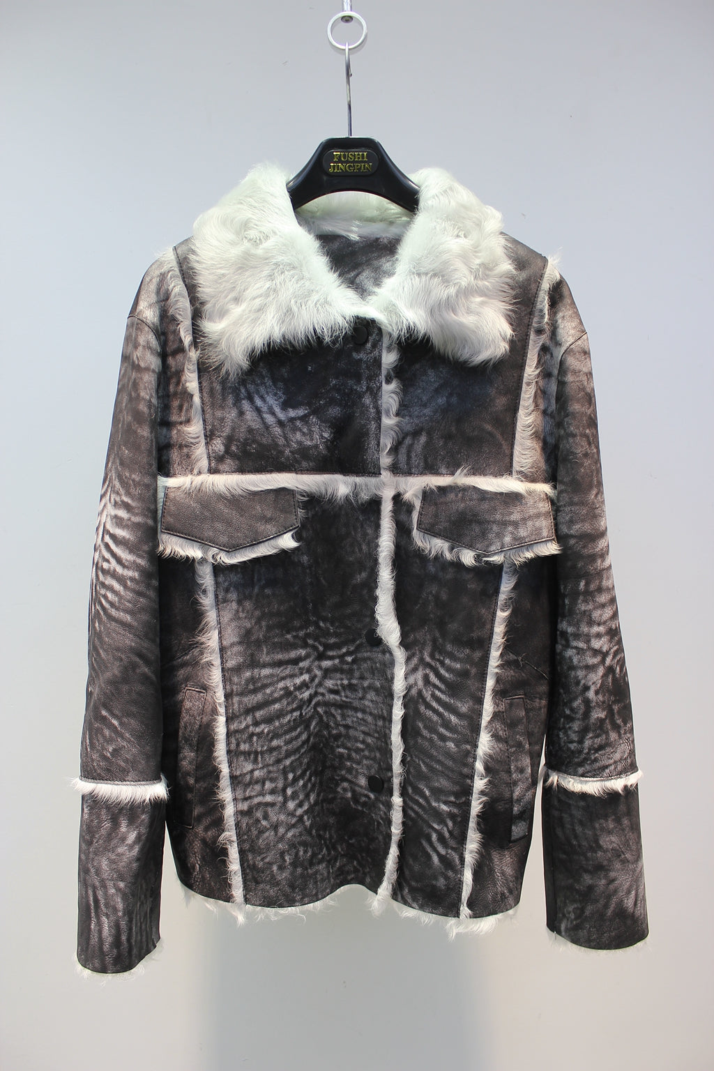 Soft lambskin fur coat with retro textured denim style